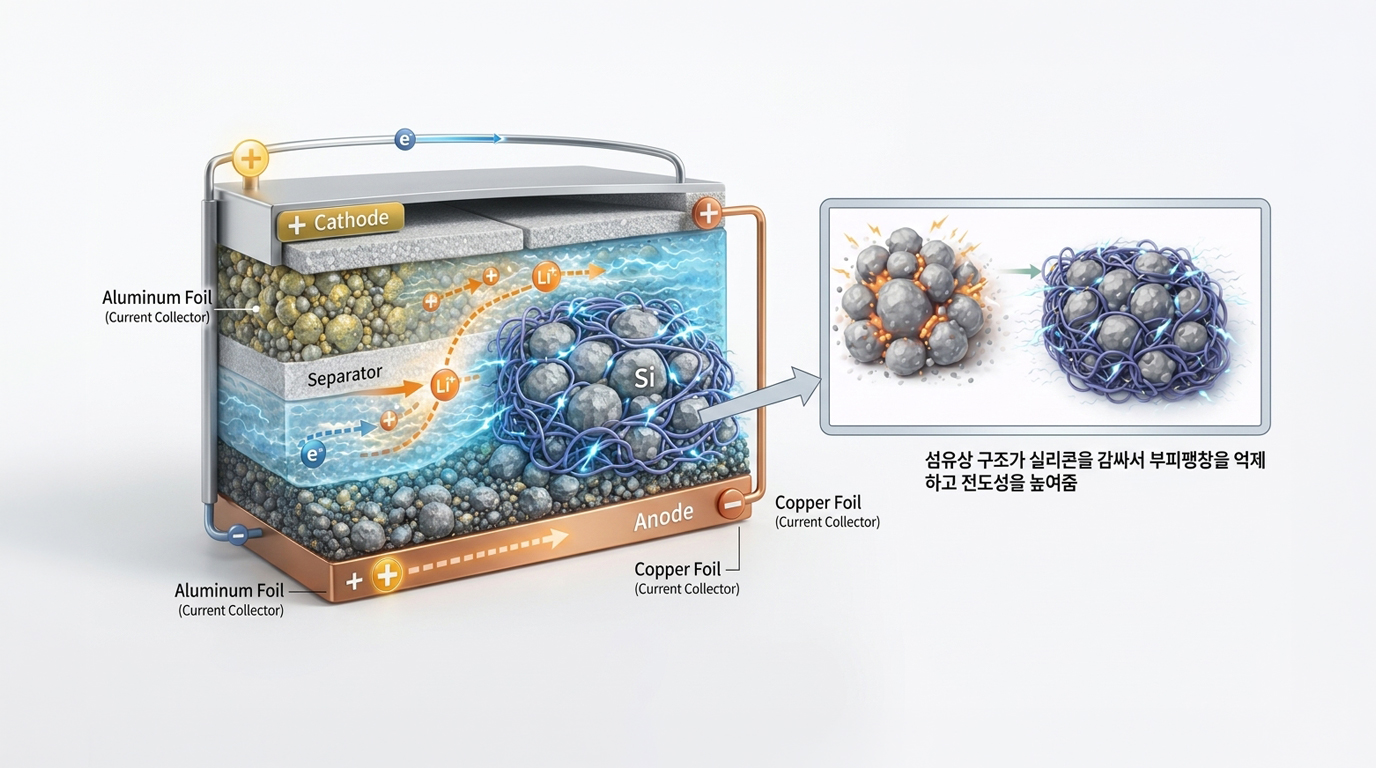 배터리 구조 및 실리콘 음극재 부피팽창 억제 원리