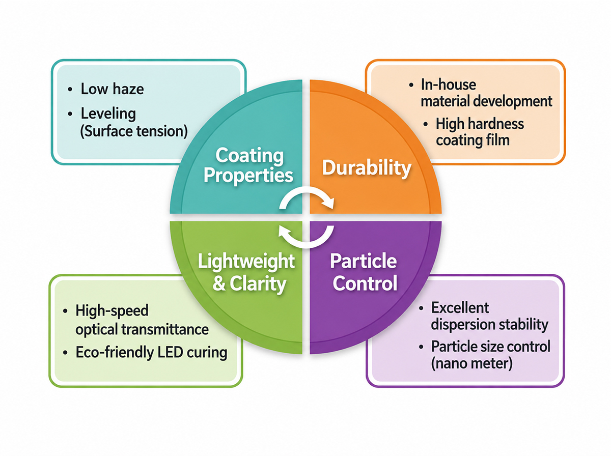 Diagram of coatability, durability, curability, and optical properties